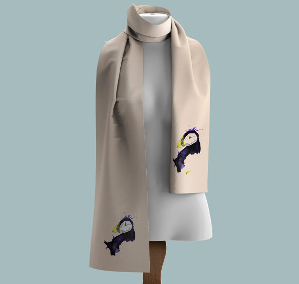 Cashmere Feel Luxury Scarf Handprinted with Puffins