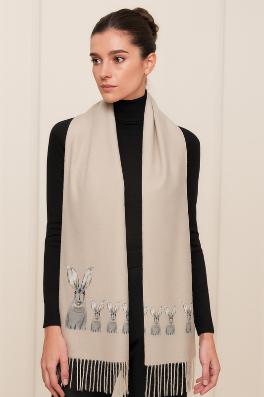 Cashmere Feel Luxury Scarf Handprinted with Hares
