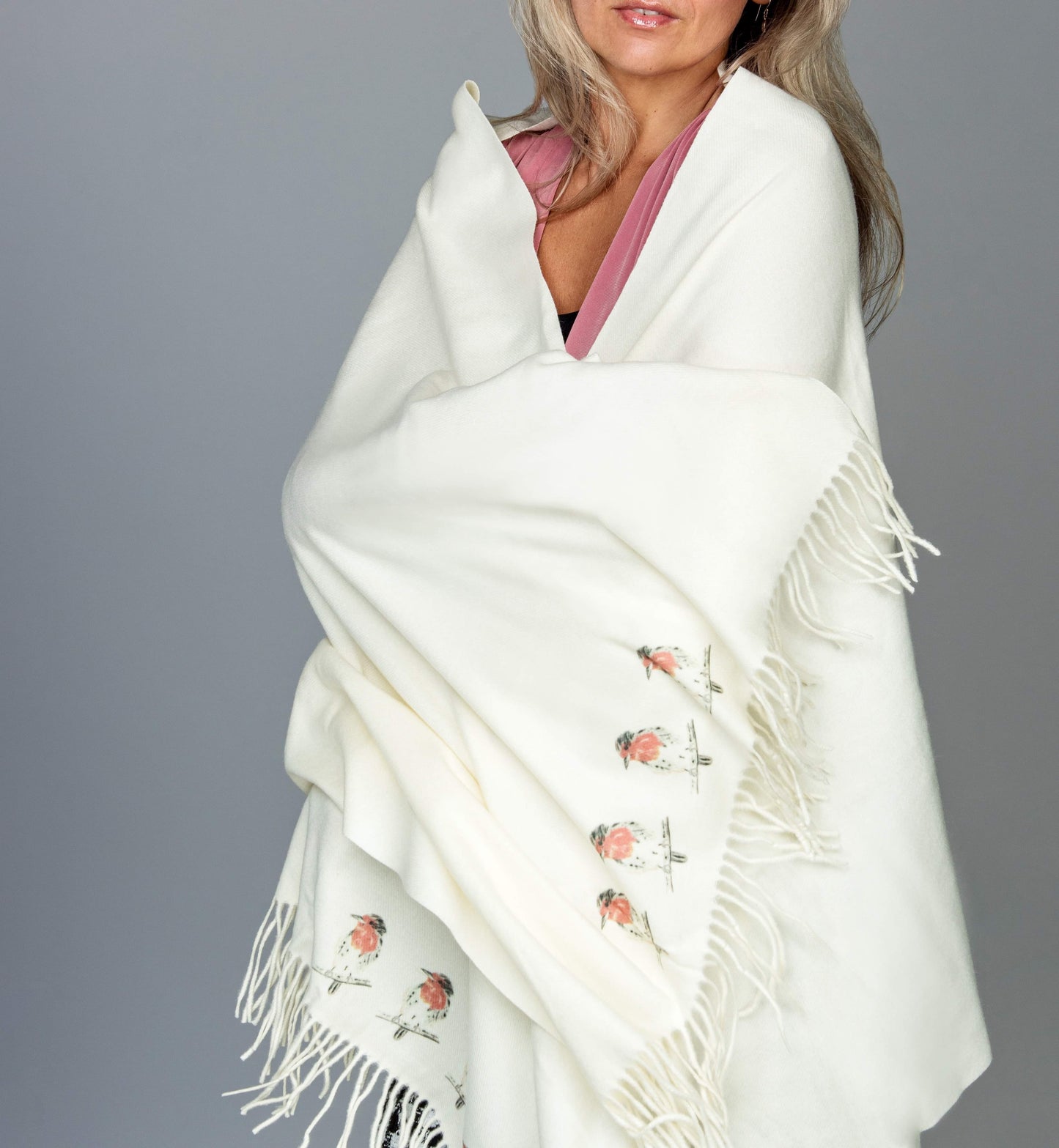 Cashmere Feel Luxury Scarf Handprinted with Robins