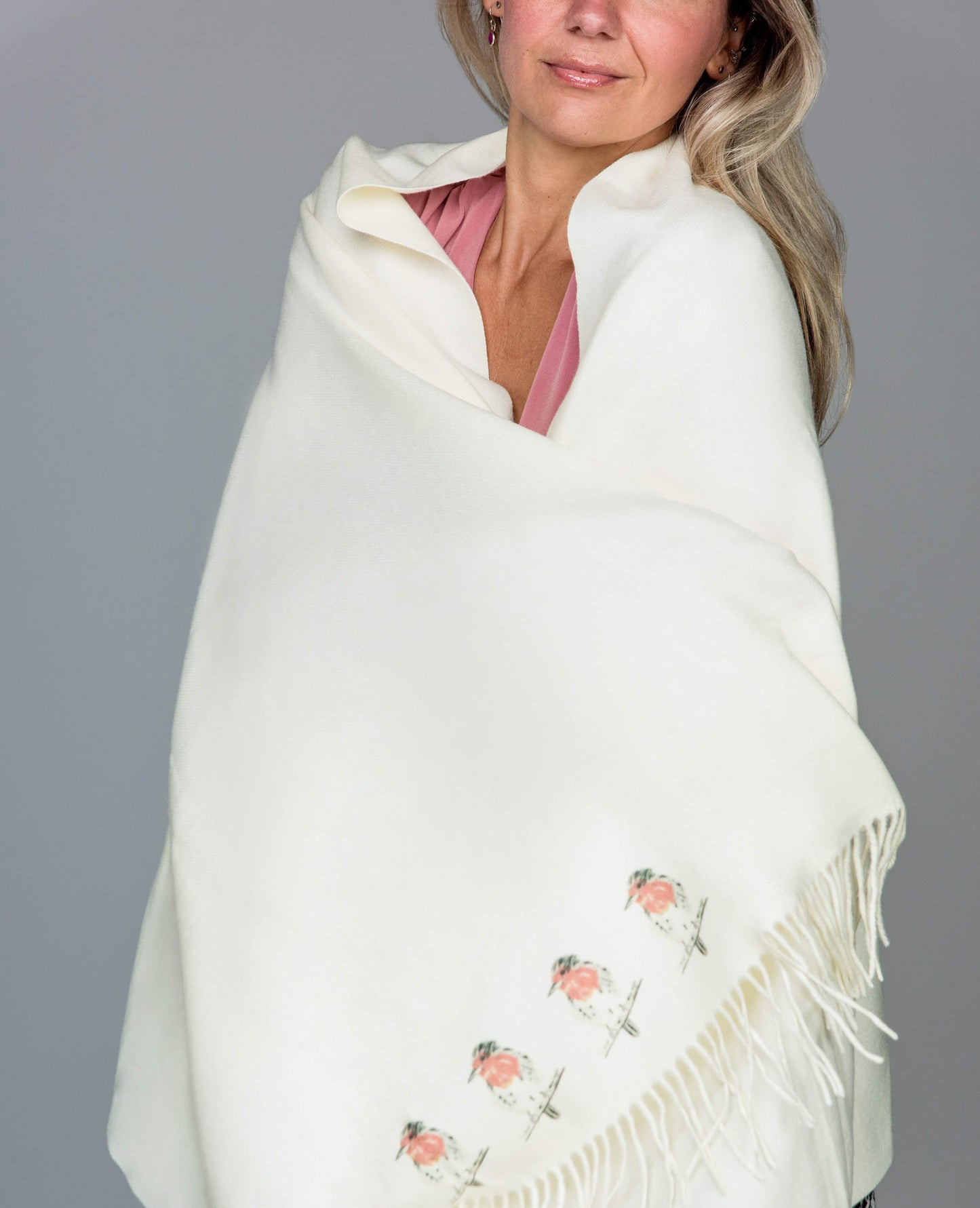 Cashmere Feel Luxury Scarf Handprinted with Robins