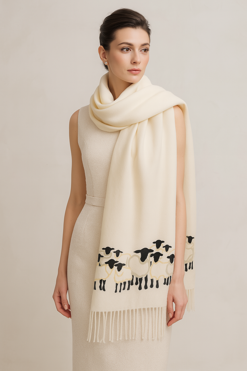 Cashmere Feel Luxury Scarf Handprinted with Sheep