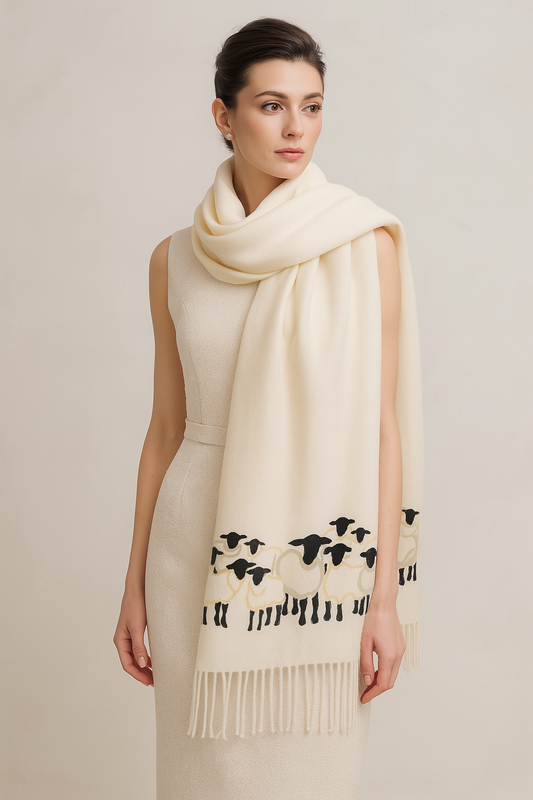 Cashmere Feel Luxury Scarf Handprinted with Sheep