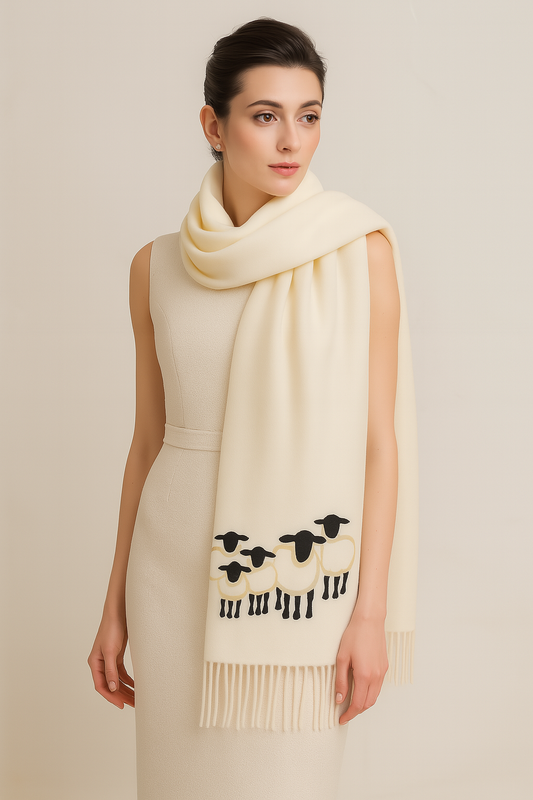 Cashmere Feel Luxury Scarf Handprinted with Sheep
