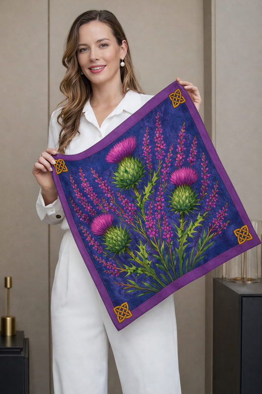 Woman holding a colorful scarf with floral design against a neutral background