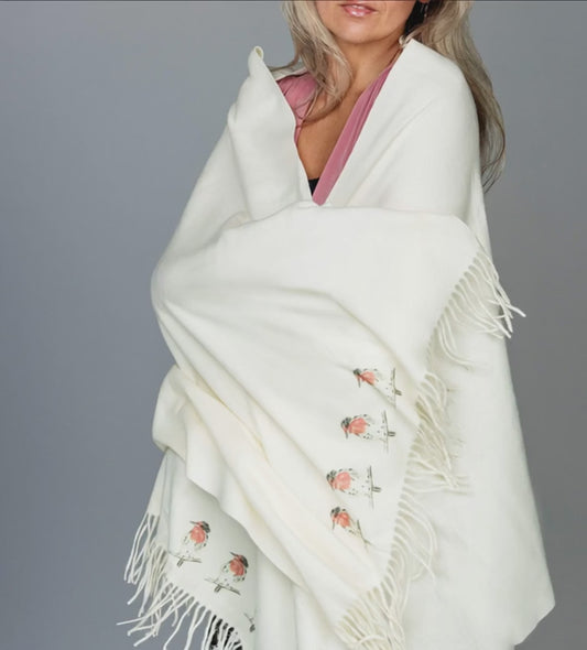 Cashmere Feel Luxury Scarf Handprinted with Robins