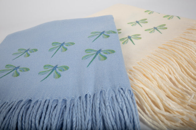 Cashmere Feel Luxury Scarf Handprinted with Dragonflies