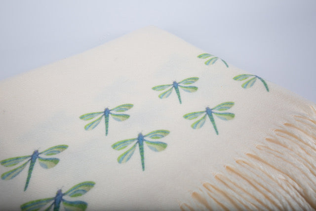 Cashmere Feel Luxury Scarf Handprinted with Dragonflies