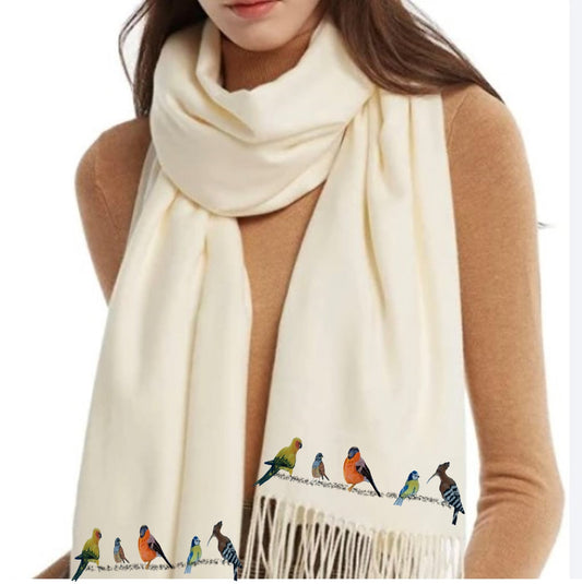 Cashmere Feel Luxury Scarf Handprinted with Birds on a Wire