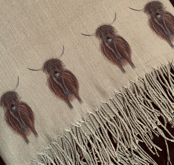 Cashmere Feel Luxury Scarf Handprinted with Highland Cows