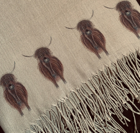 Cashmere Feel Luxury Scarf Handprinted with Highland Cows