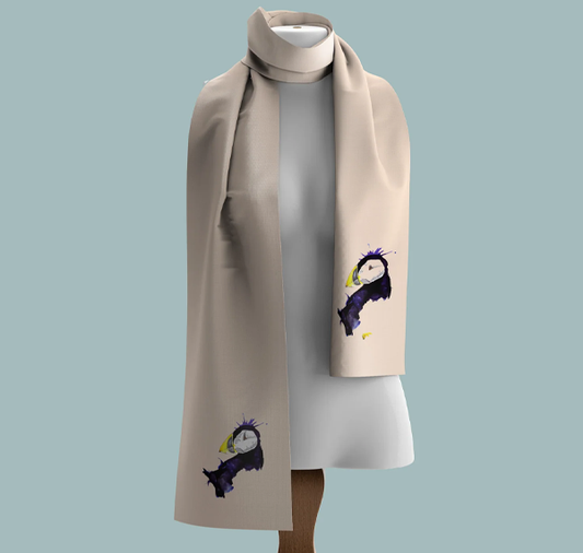 Cashmere Feel Luxury Scarf Handprinted with Puffins