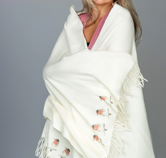 Cashmere Feel Luxury Scarf Handprinted with Robins