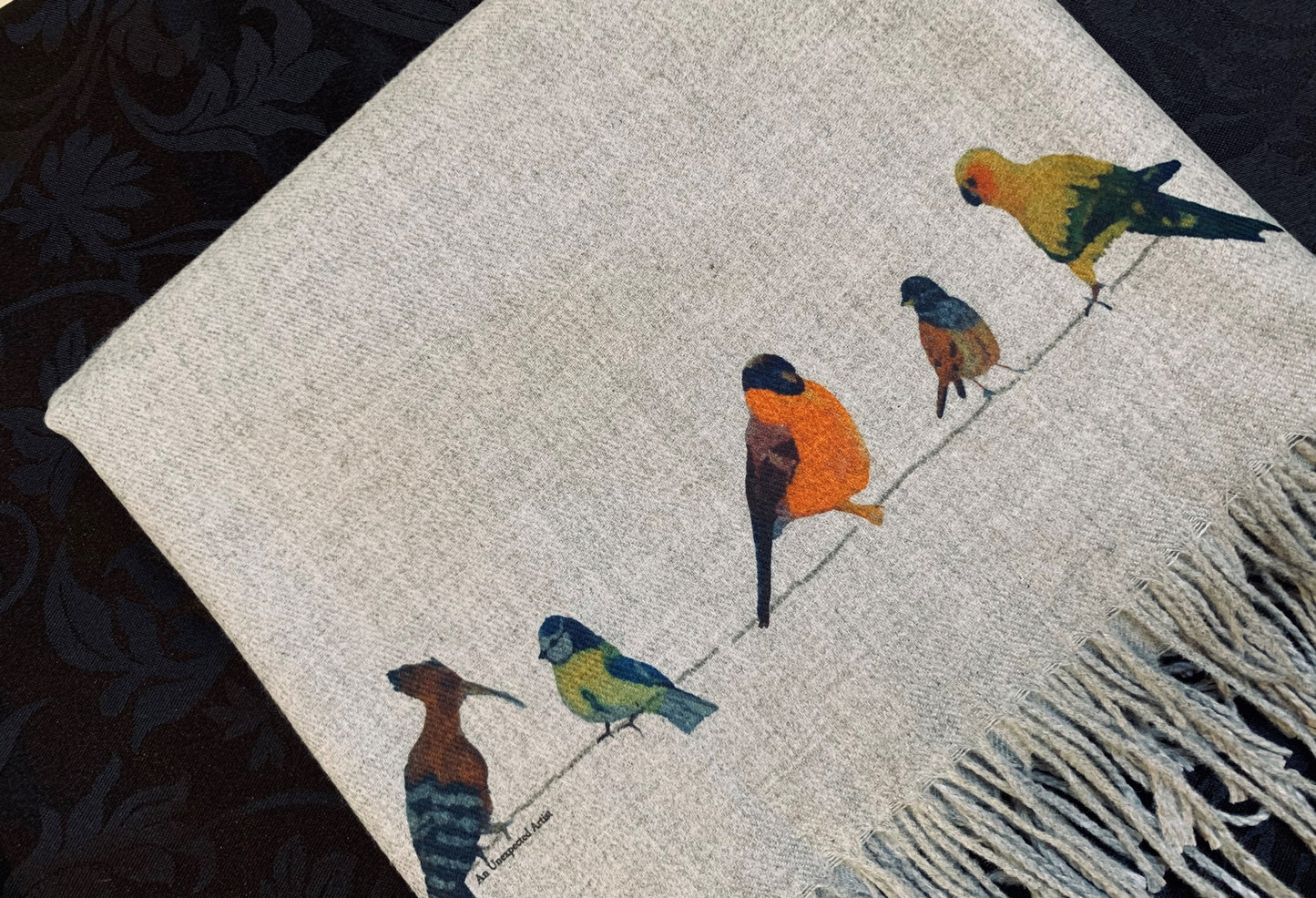 Cashmere Feel Luxury Scarf Handprinted with Birds on a Wire