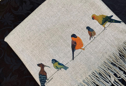 Cashmere Feel Luxury Scarf Handprinted with Birds on a Wire