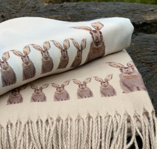 Cashmere Feel Luxury Scarf Handprinted with Hares