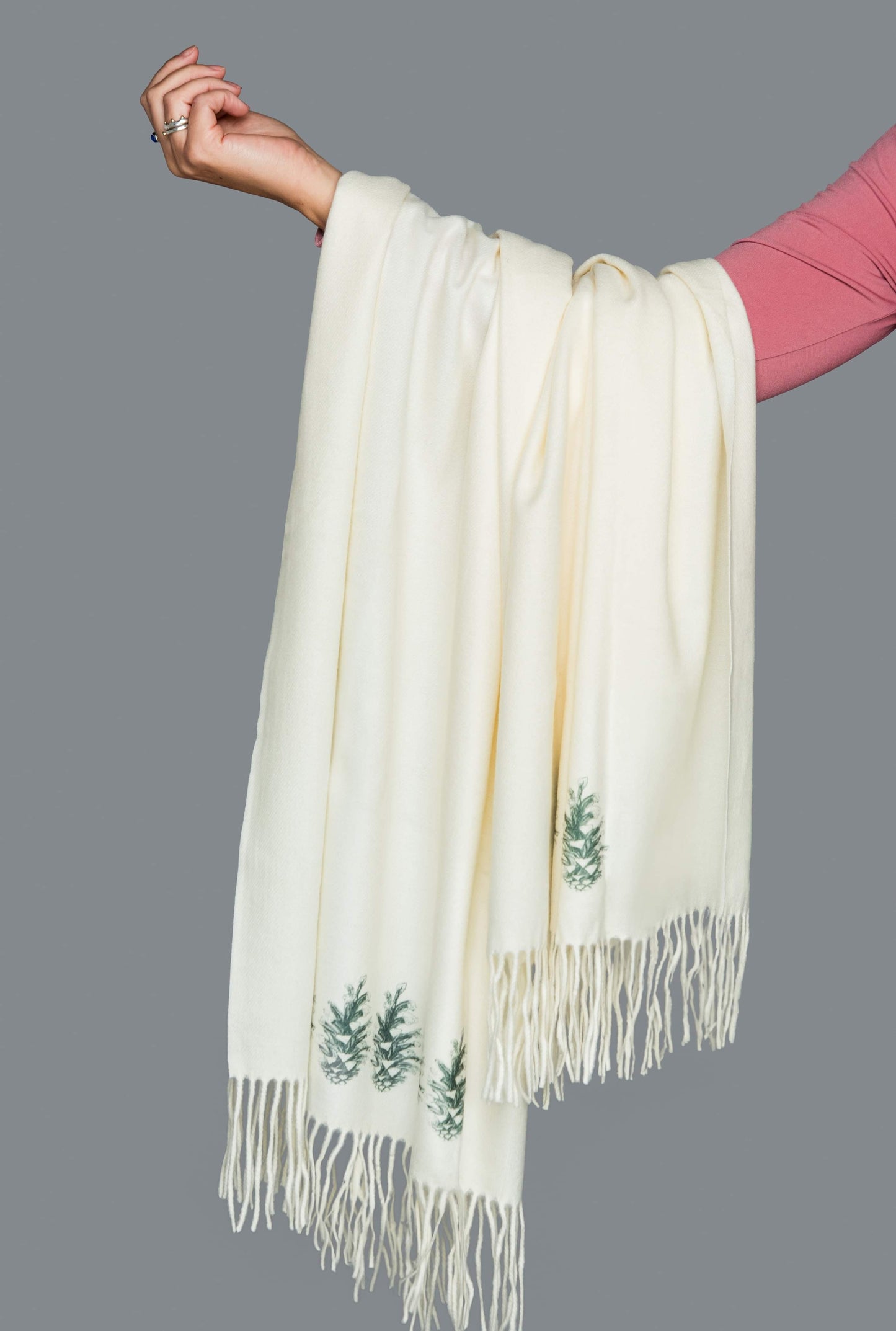 Cashmere Feel Luxury Scarf Handprinted with Pine Cones