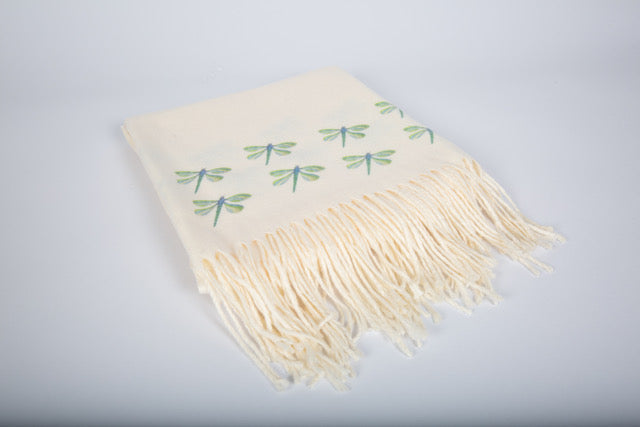 Cashmere Feel Luxury Scarf Handprinted with Dragonflies