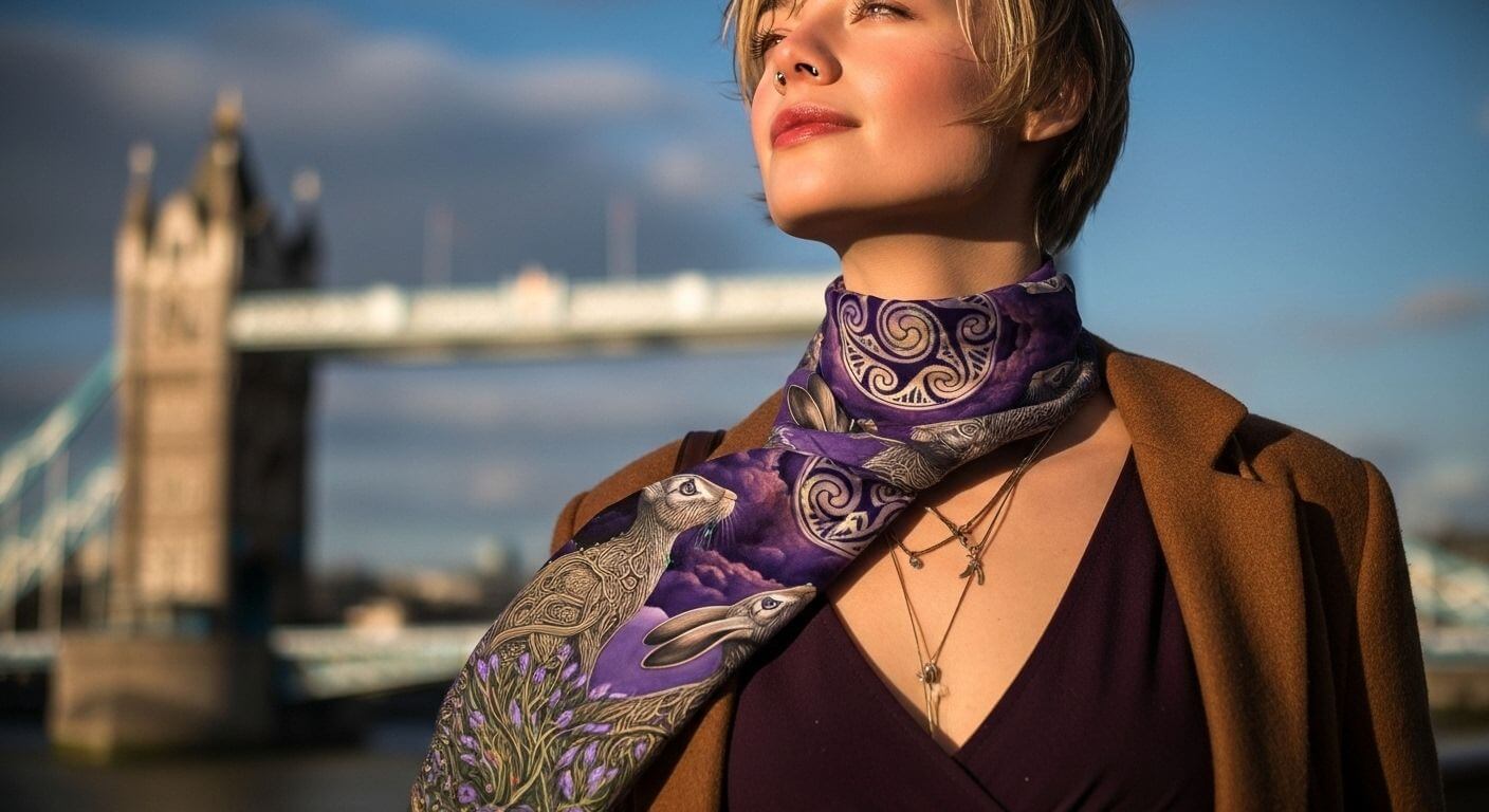 Woman wearing a silk scarf with Hares Design