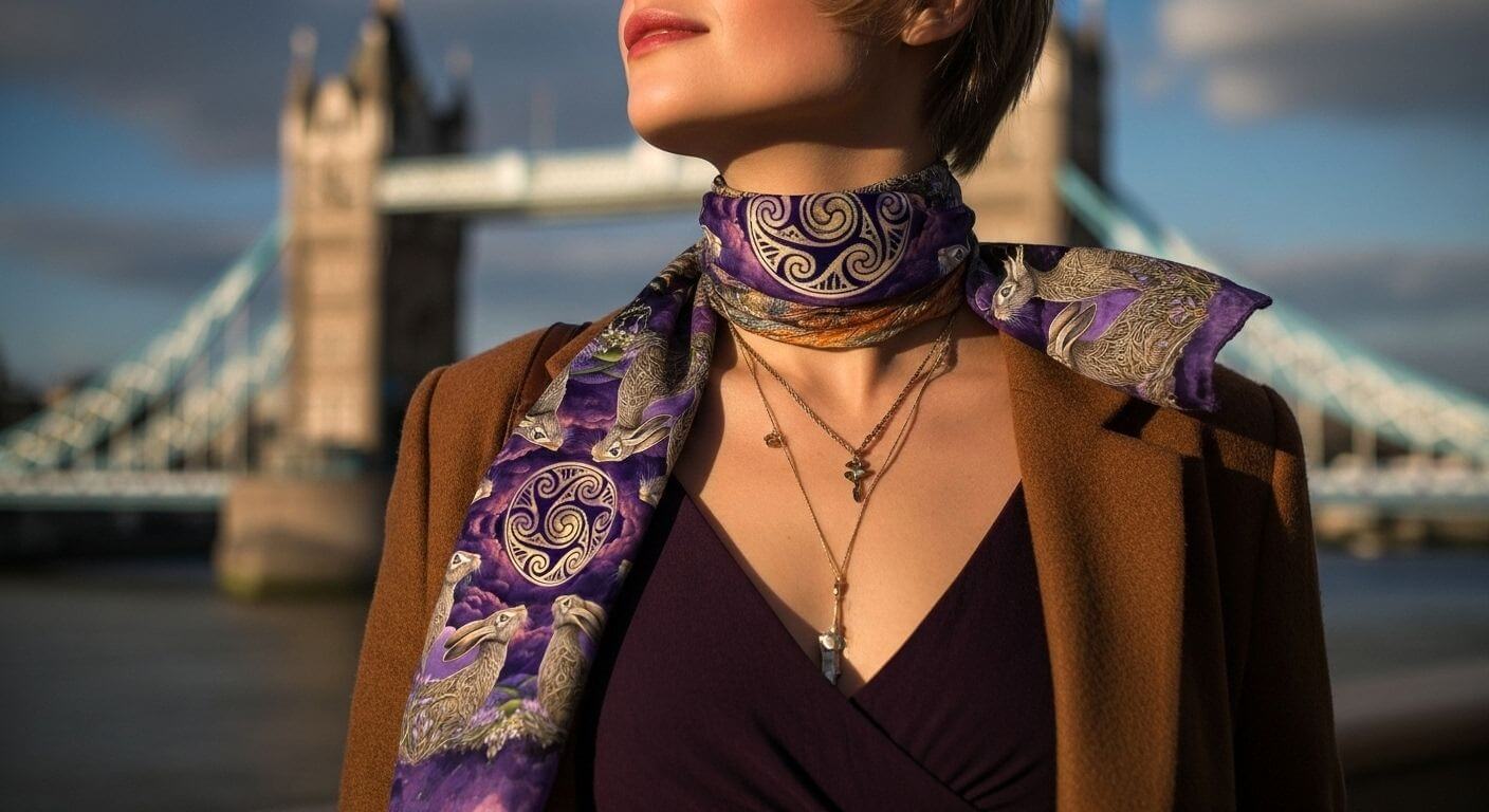 Person wearing a purple scarf with hares design