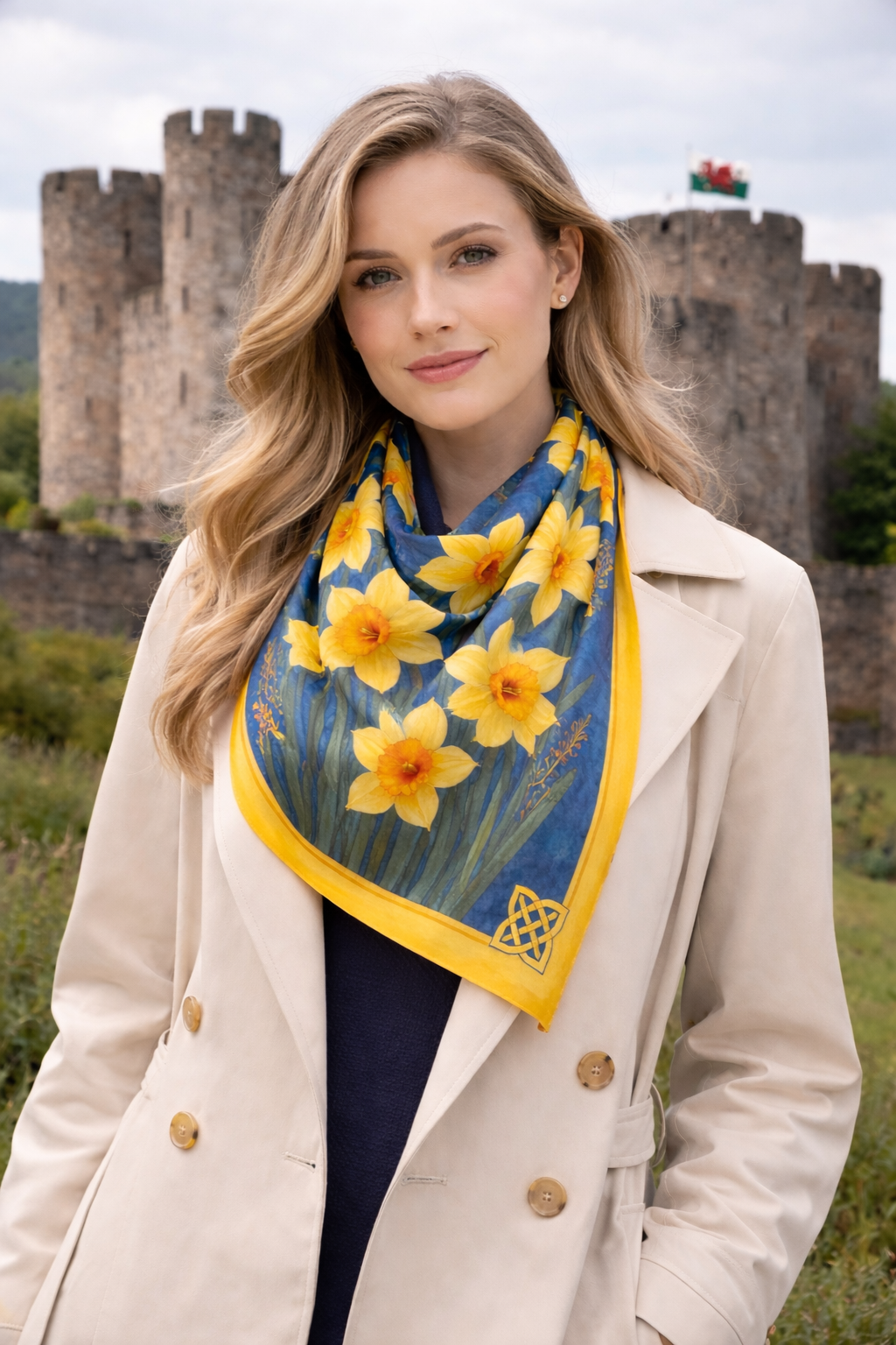 Woman wearing a floral scarf in front of a castle