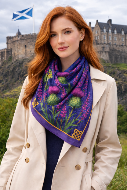 Woman wearing a colorful scarf with a castle and Scottish flag in the background