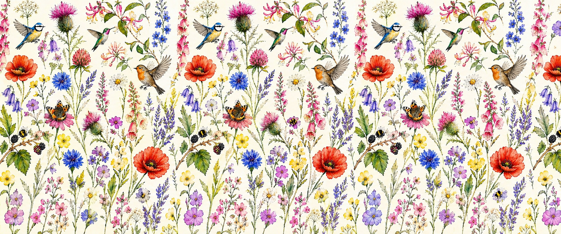 Pattern of colorful flowers and birds on a white background
