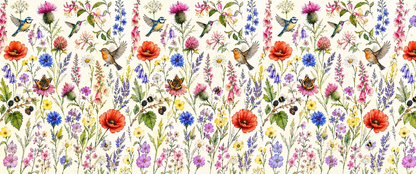 Pattern of colorful flowers and birds on a white background