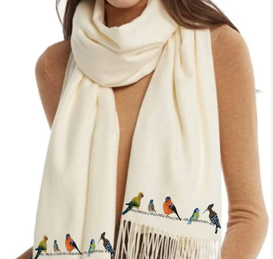 Cashmere Feel Luxury Scarf Handprinted with Birds on a Wire