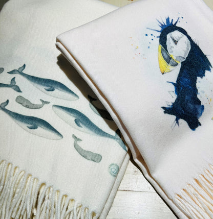 Cashmere Feel Luxury Scarf Handprinted with Puffins