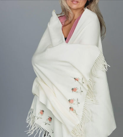 Cashmere Feel Luxury Scarf Handprinted with Robins